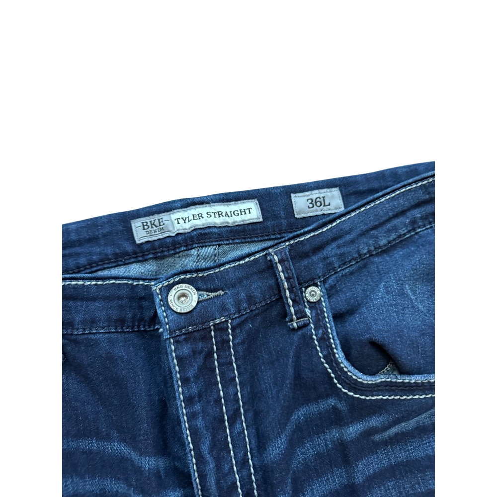 BKE Tyler Straight Mens Dark Wash Denim Jeans 36L Heavy Stitch Whiskered Blue - Picture 3 of 4